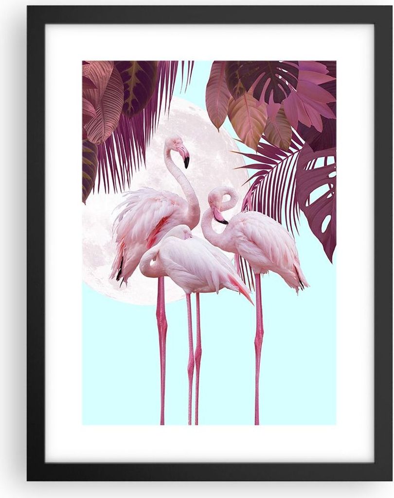 Gerahmtes Poster - Schwarzer Rahmen - Flamingos Palmen Mond - 30x40 cm - Wand Bild - Wanddeko - Wandbilder - Kunstposter - Wandposter - Bilderrahme...