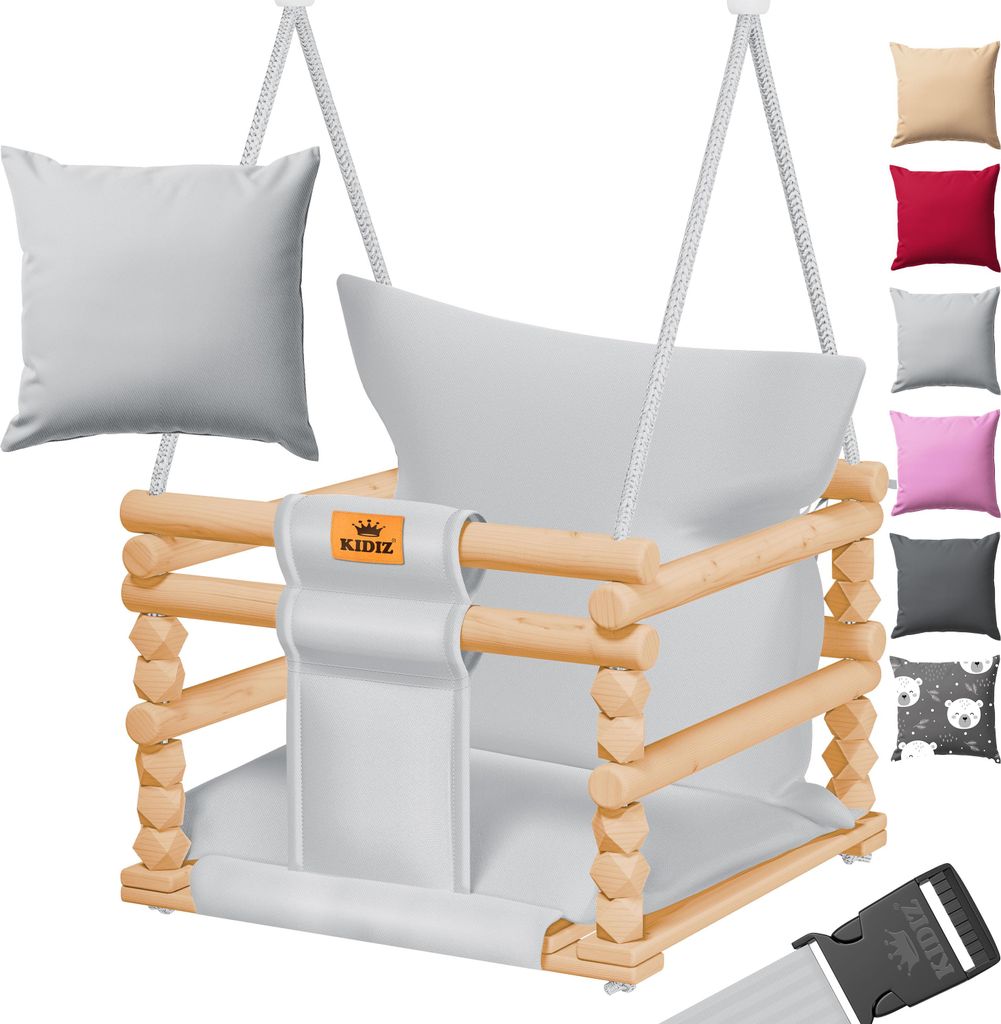 KIDIZ Babyschaukel Kinderschaukel Schaukelsitz mit Polsterung | Holz-Schaukel mit Anti-Kipp bis 60KG | Höhenverstellbar Indoor & Outdoor | 0,5 -...
