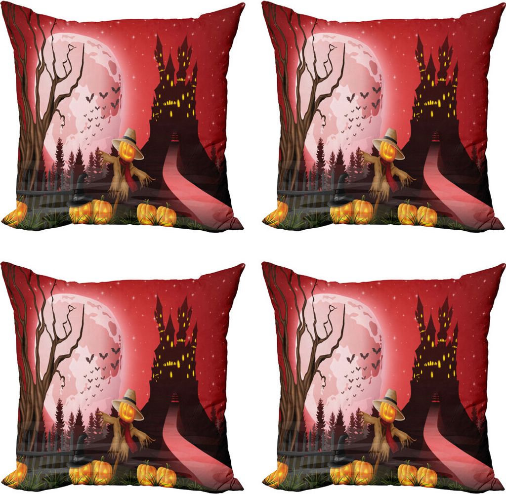 ABAKUHAUS Vogelscheuche Kissenbezug Set (4 Stück), Halloween frequentierte Schloss, Moderner Doppelseitiger Digitaldruck, 45 cm x 45 cm, Mehrfarbig