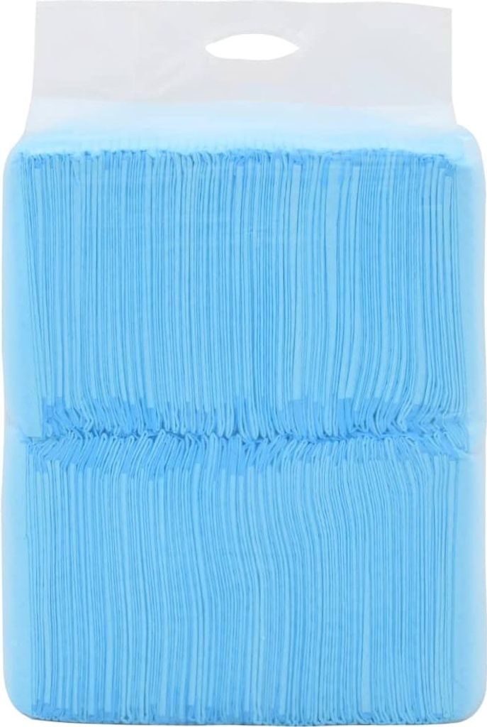 A stack of blue disposable dog pee pads in clear plastic packaging.