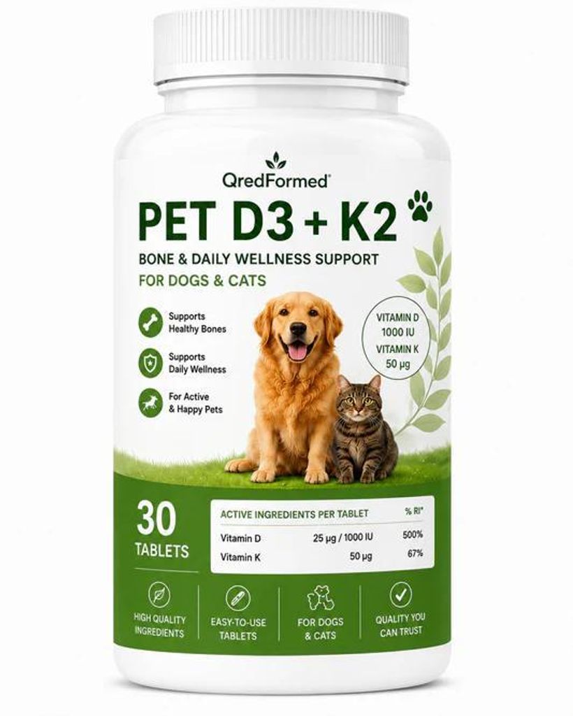 PET D3 + K2 - Knochen- & tägliche Wellness-Unterstützung für Hunde & Katzen - 30 Tabletten