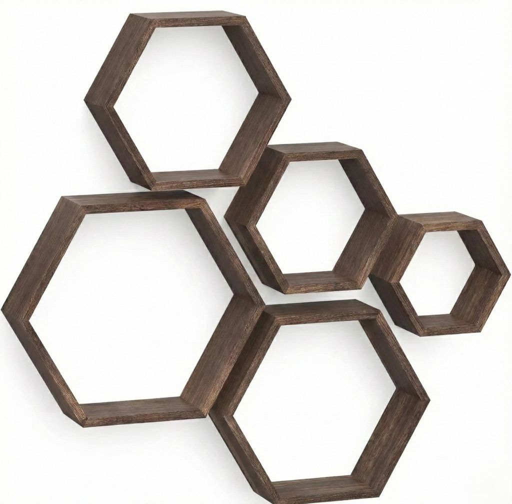 IvoQ Hexagon Wandregale 5er Set - Holz - Rustikales Braun - Produktbild 