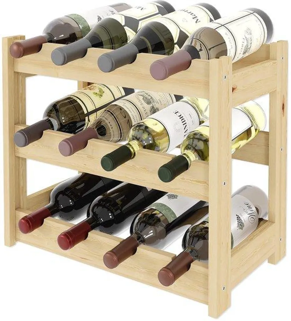 Range-bouteilles horizontal en bois massif, casier 12 bouteilles naturel