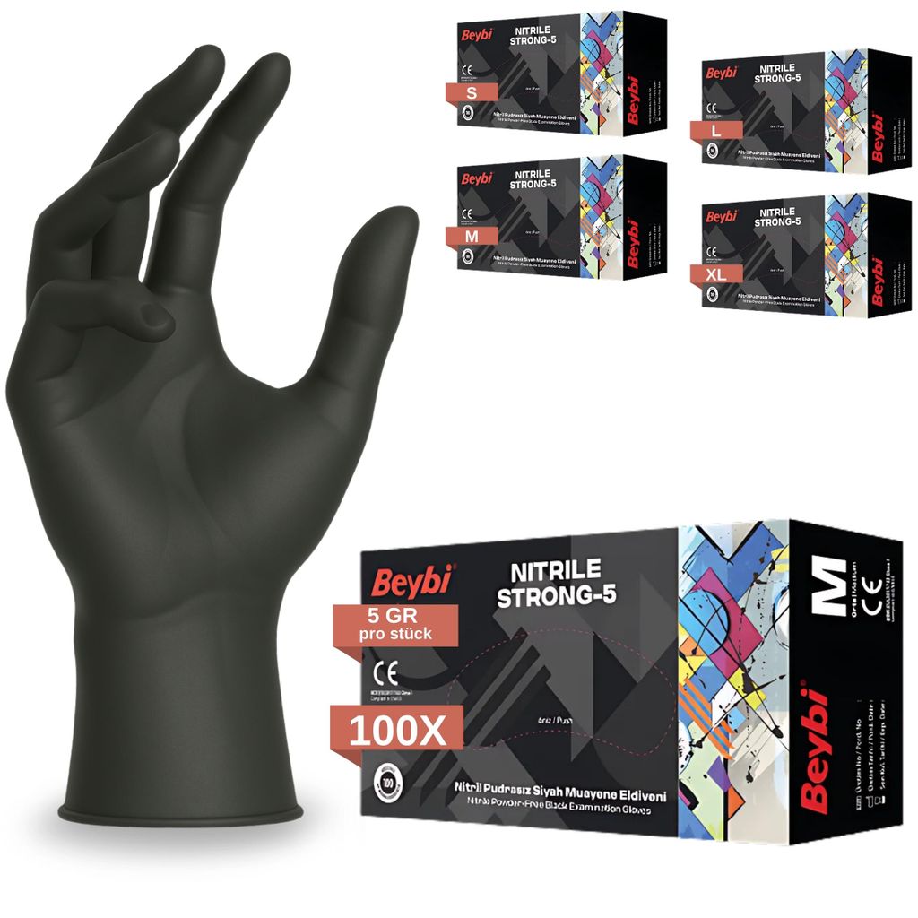 BEYBI ️ Strong-5, Einweghandschuhe 100 St./Box, %200 Dicker, Schwarz Nitrilhandschuhe M, puderfreie & latexfreie Einmalhandschuhe, Handschuhe in...