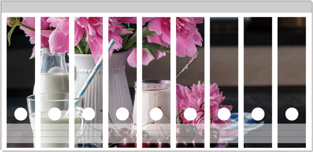 Wallario Ordnerrücken Sticker, selbstklebend für breite Ordner, 9 Stück, Motiv Milch mit Kirschen zum Frühstück mit rosa Blumenarrangement
