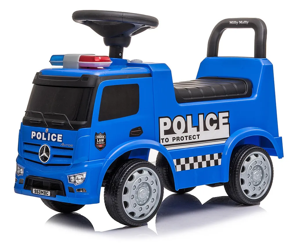 Voiture de police Mercedes Antos bleue motorisée pour enfant - Échelle 1:16