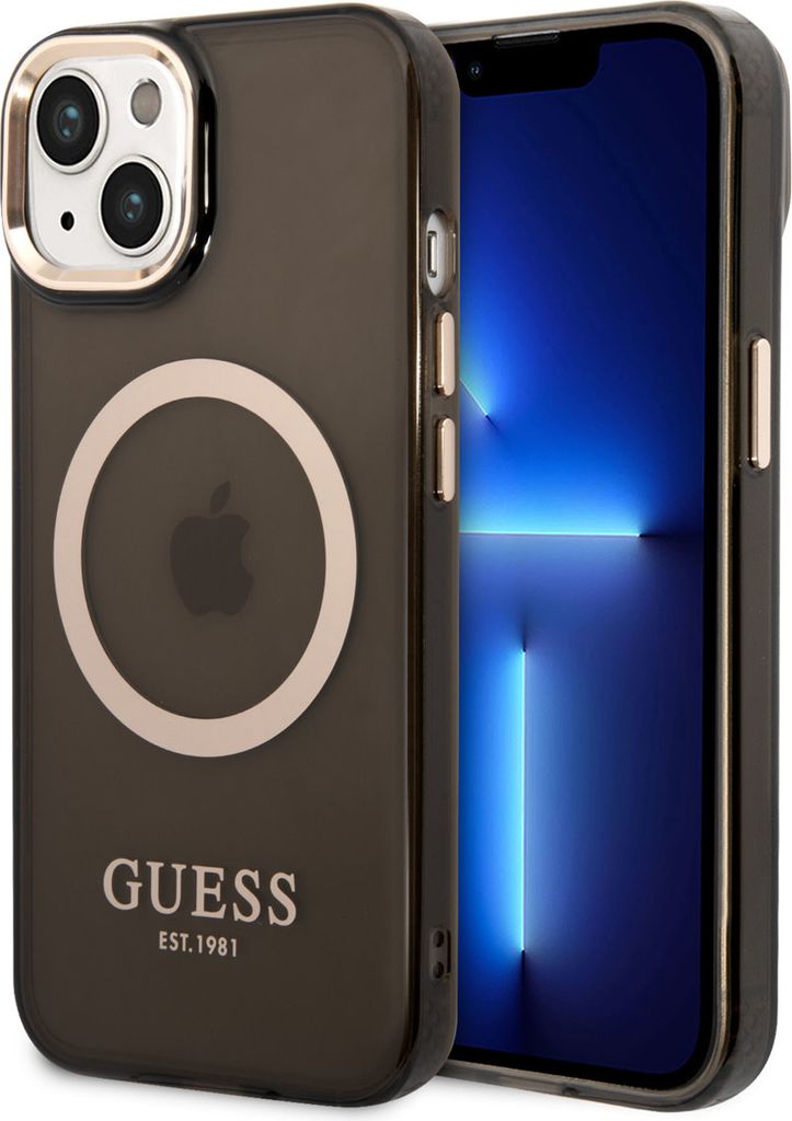 Guess Guhmp14Shtcmk Iphone 14 / 15 / 13 6.1 Czarny/Schwarz Hard Case Gold Outline Transluzent Magsafe