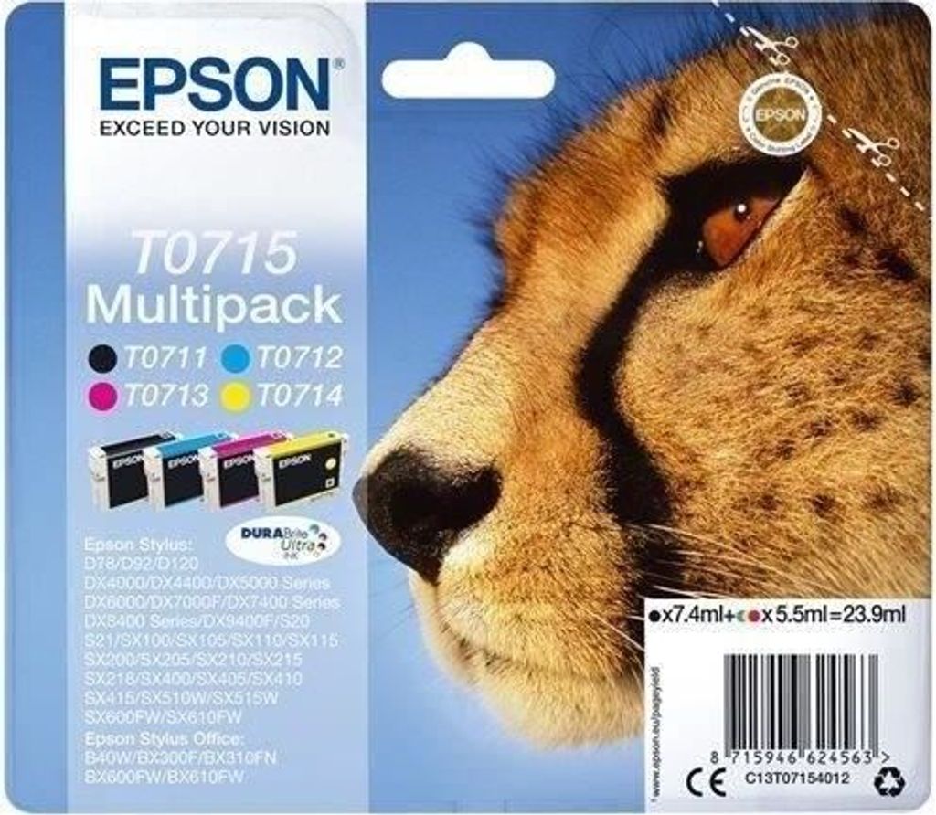 Tintenpatronen Multipack, Epson T0715 Guépard, Schwarz, Cyan, Magenta, Gelb