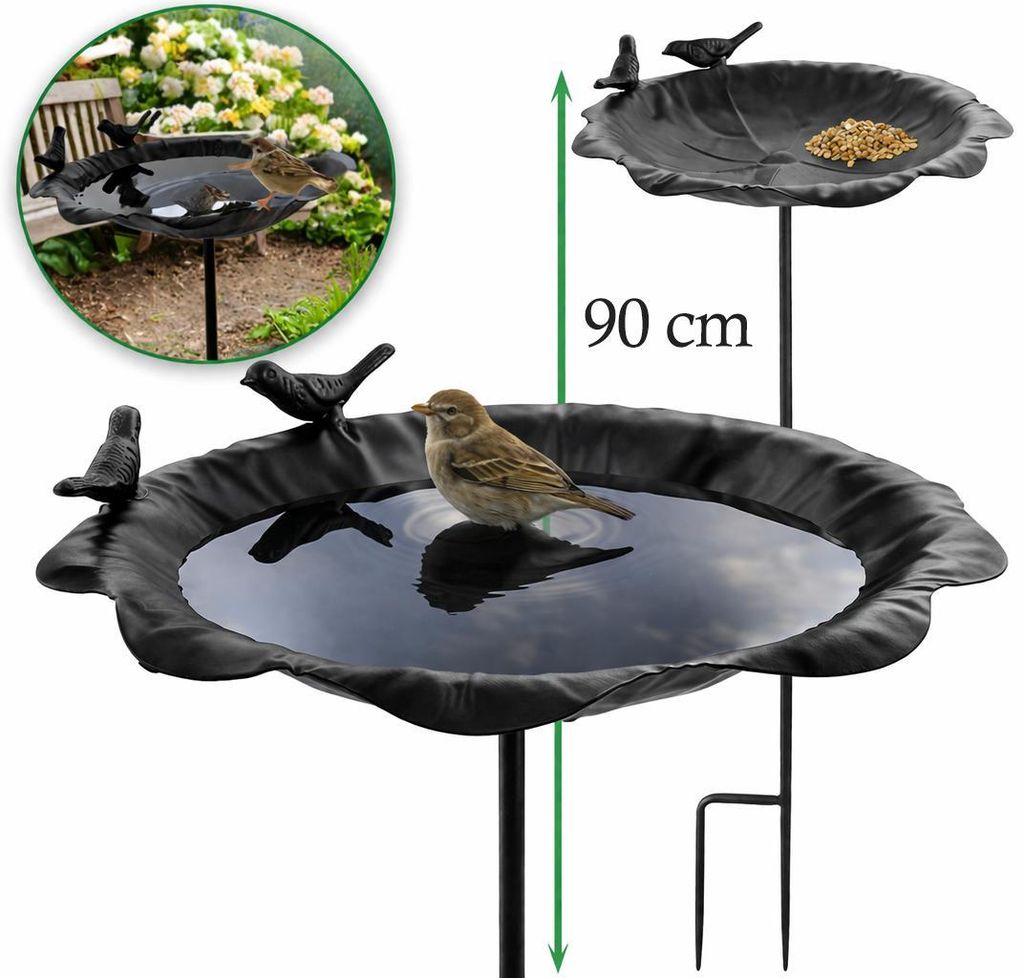 Vogeltränke Stehend Metall 90 cm – Vogelbad & Futterstelle mit Erdspieß, wetterfest & Winterfest, für Wildvögel Garten Rasen Hof, Schwarz