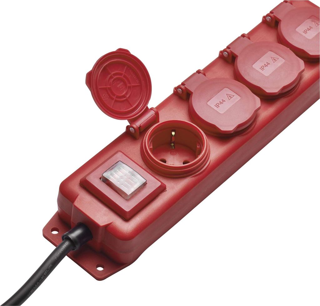 EMOS Steckdosenleiste 4-fach mit Schalter, 10 m Kabel 1,5 mm2, für Aussen mit Klappdeckel, rot, 1,5 mm, Schuko mit Kindersicherung, P14201