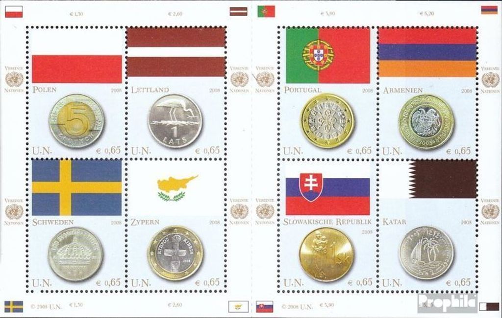 Briefmarken UNO - Wien 2008 Mi 530-537Klb Kleinbogen (kompl.Ausg.) gestempelt Flaggen und Münzen