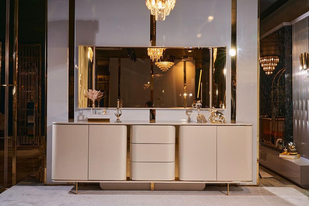 Wohnzimmer Anrichte Spiegel schwarz Kommode Holz Metall Stil Modern