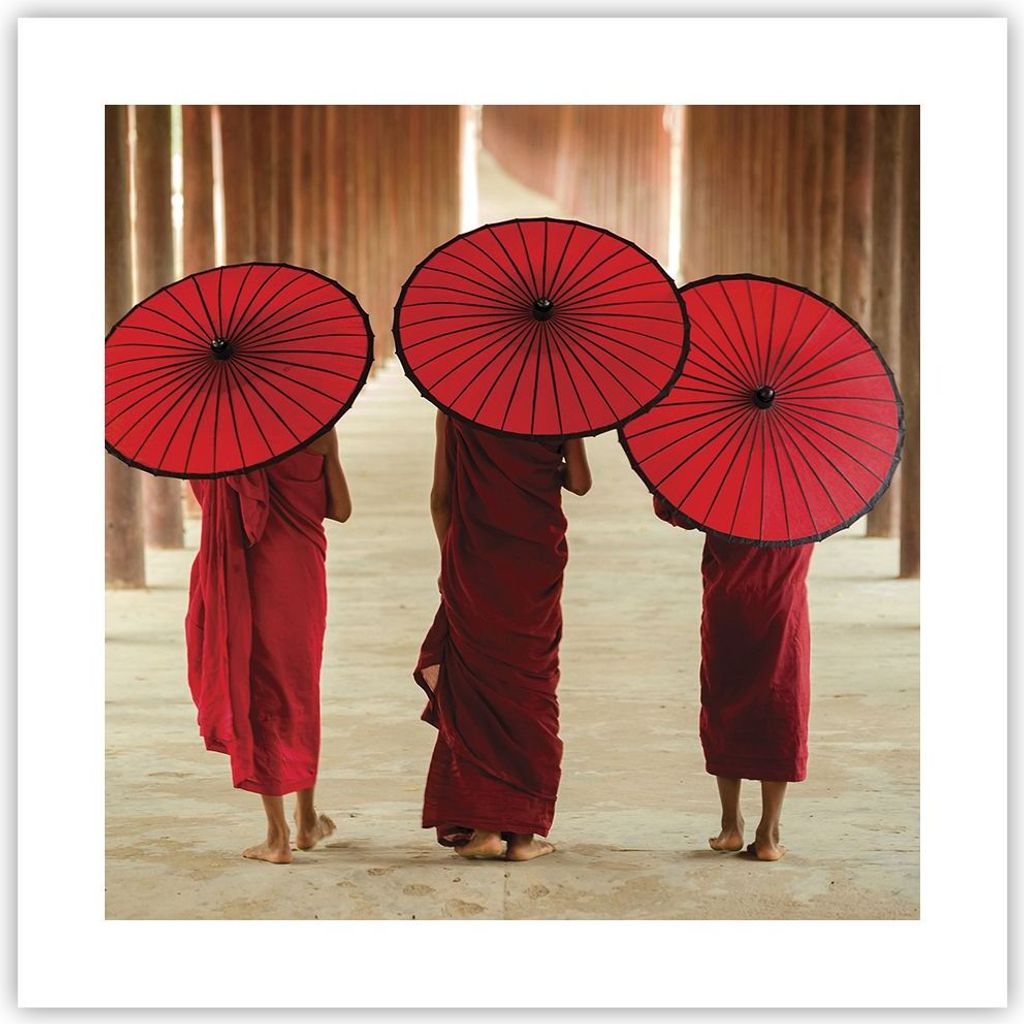 Poster - Poster ohne Rahmen - Bhutan Regenschirm Rot - 40x40 cm - Wand Bild - Wanddeko - Wandbilder - Kunstposter - Wandposter - Bilder - Kunstdruc...