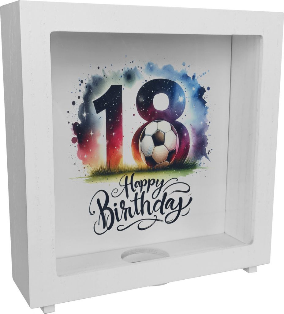 18. Geburtstag Fußball Rahmen Spardose aus Holz mit Spruch Happy Birthday 18