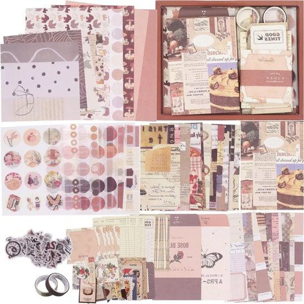 Carnet A6 quadrillé marron et matériel de bricolage pour scrapbooking