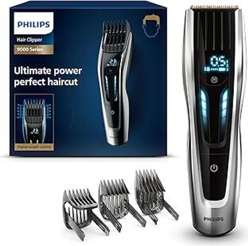 Tagliacapelli Philips Serie 9000, comandi digitali touch, prestazioni eccellenti, lame in titanio, 400 impostazioni di lunghezza, 120 minuti di autonomia senza fili, modello HC9450/15