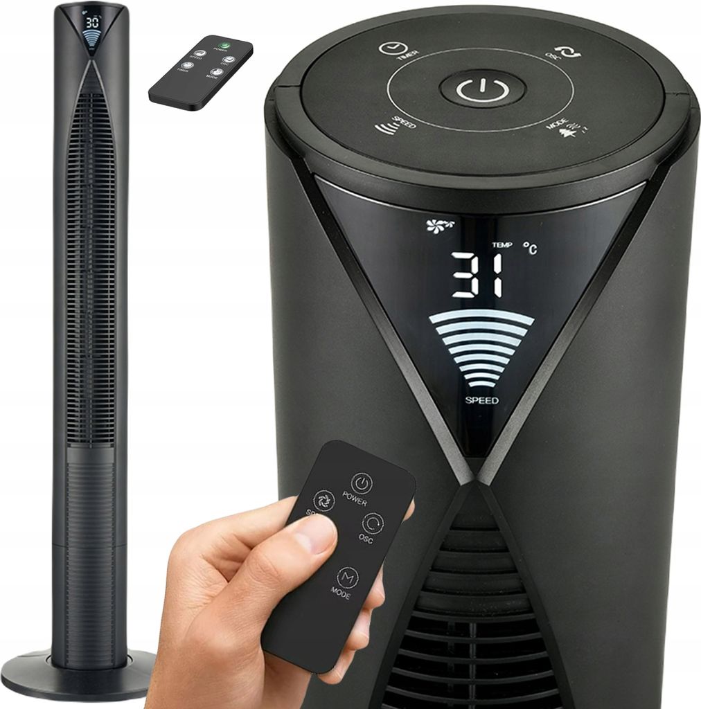 A close-up collage showing a black tower fan and its remote control, with a hand holding the remote.
