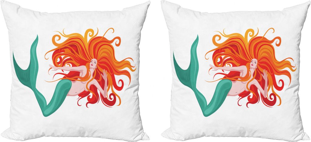ABAKUHAUS Unterwasser- Kissenbezug Set (2Stück), Märchenfigur, doppelseitiges Digitaldruckdekor mit Reißverschluss, 50 cm, Dark Orange Türkis