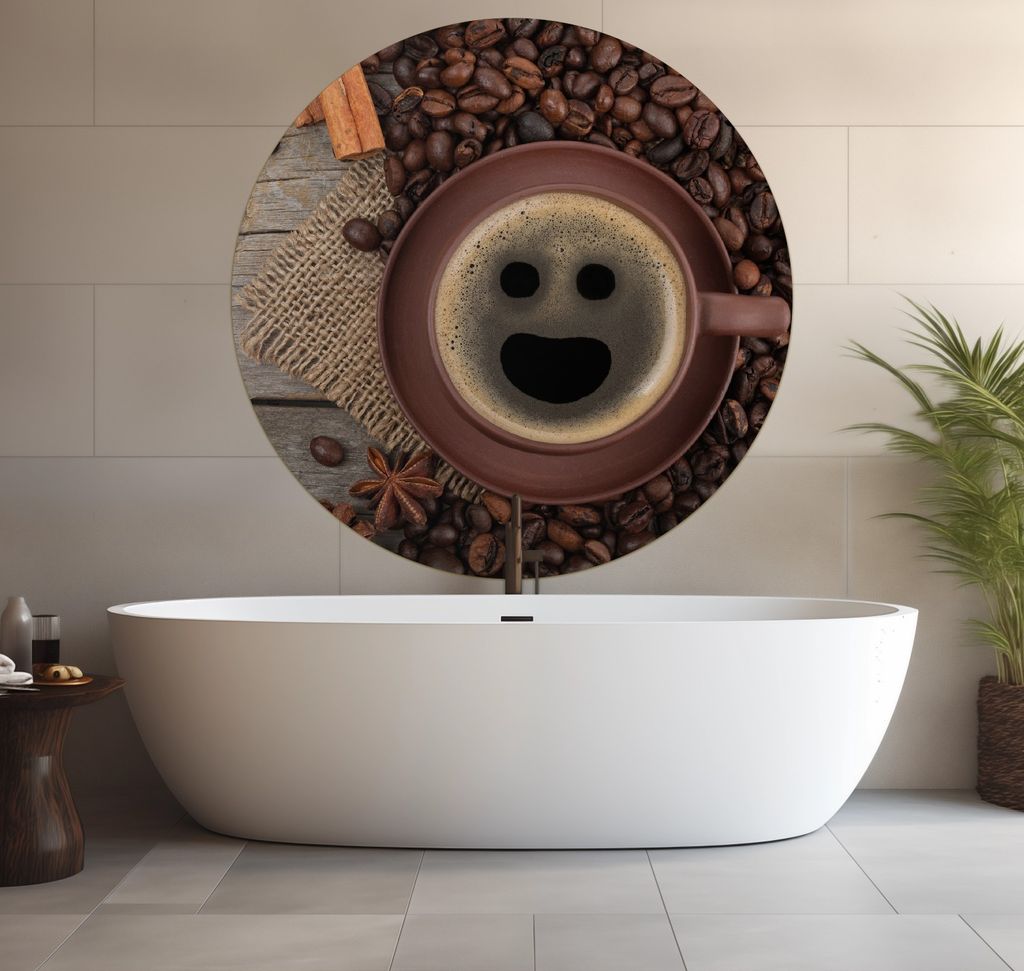 Wallario wasserfestes Poster selbstklebend 120 x 120 cm, Lustige Kaffeetasse mit einem Lächeln - Kaffeebohnen und Zimt, Badezimmerposter Spritzsch...