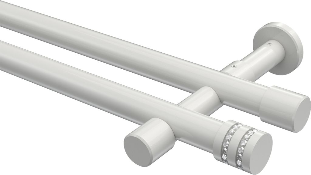 Interdeco Gardinenstange / Vorhangstange Weiß, Typ Prestige Estana (Glitzerkappe) ohne Ringe, 20 mm Ø 2-läufig, 440 cm