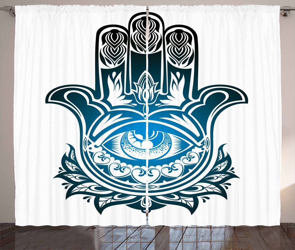 ABAKUHAUS Hamsa Rustikaler Vorhang, Evil Eye, Wohnzimmer Universalband Gardinen mit Schlaufen und Haken, 280 x 175 cm, Weiß Schwarz und Blau