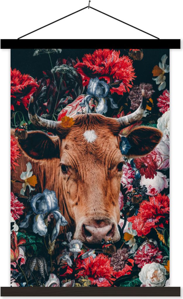 MuchoWow Textilposter Kühe - Blumen - Tier - Porträt 60x90 cm mit schwarzem Rahmen - Poster Wohnzimmer
