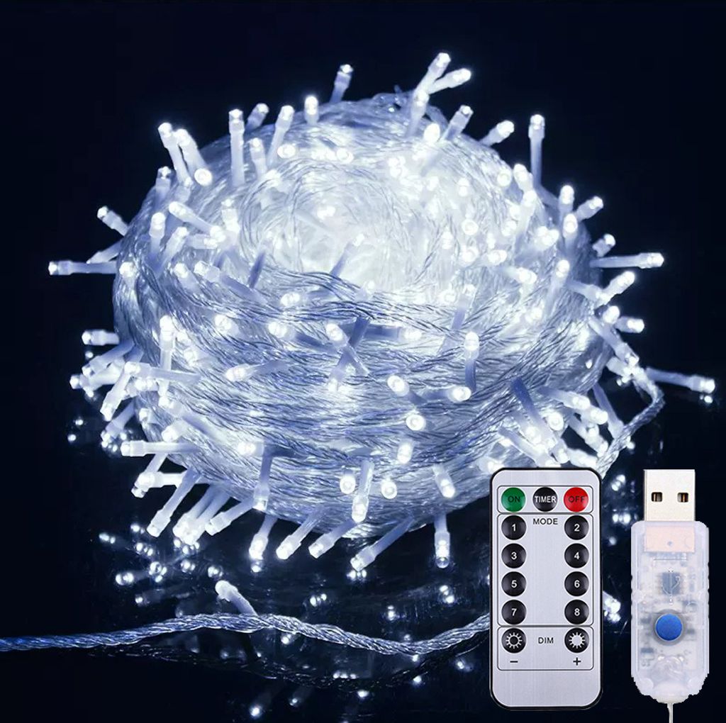 Lichterkette 10M 100 LED 8 Lichtmodi USB Wasserdicht mit Fernbedienung für Party Weihnachten Hochzeit Deko, Weiß