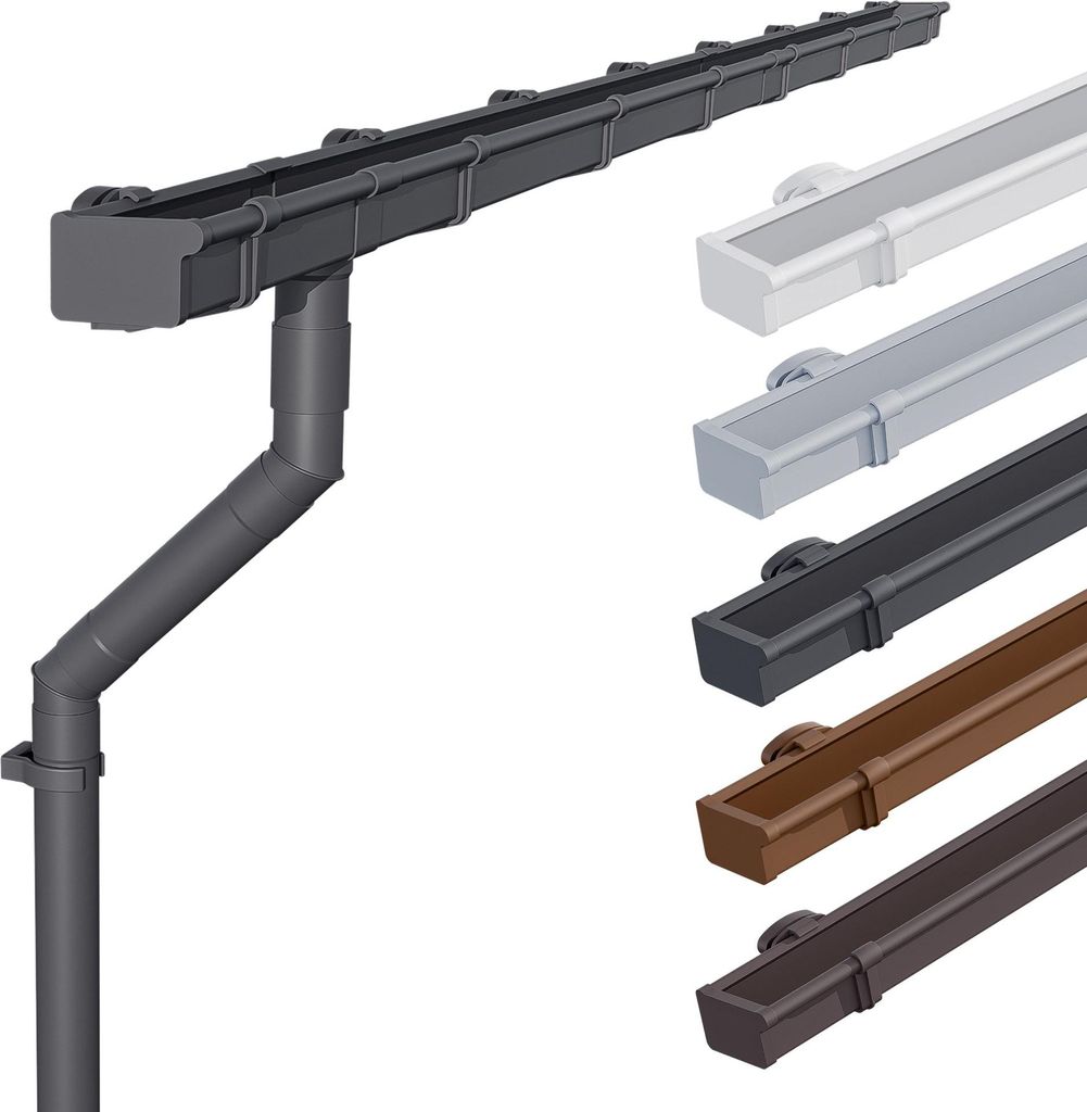 INEFA 2x Dachrinne Kunststoff Set NW68 / 68mm – Kastenrinne 2m Anthrazit – Regenrinne mit Fallrohr Set PVC-U für Gartenhaus – 2 Dachseiten