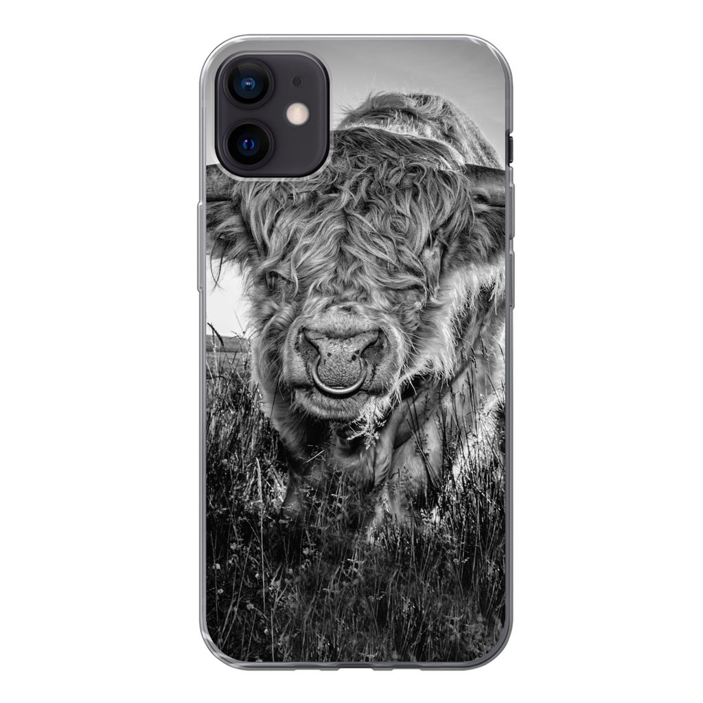 MuchoWow Handyhülle Schutzhülle Hülle für iPhone 12 mini Schottischer Highlander - Schwarz und Weiß Silikon Softcase Handy Hülle - Bild