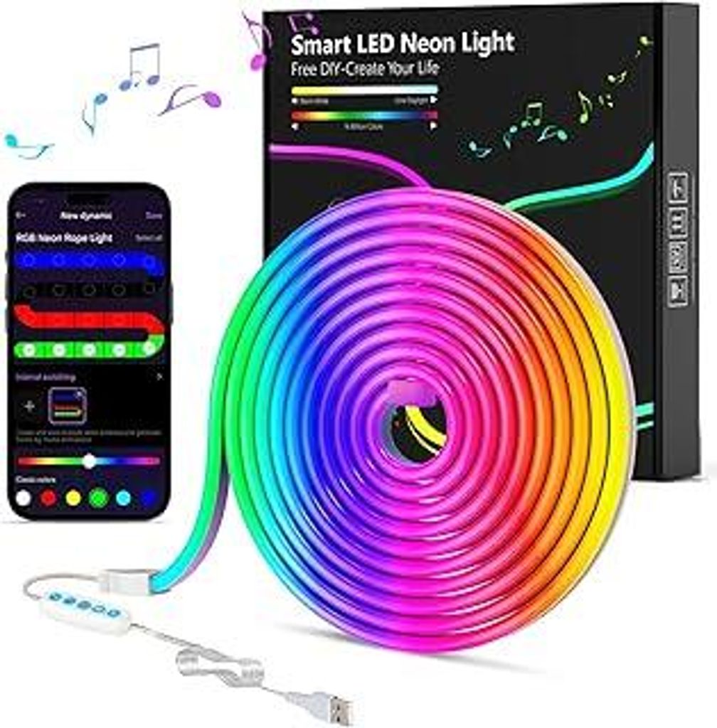 3m Neon LED Strip, RGB Band Neon Seil Lampe, 5V Flexible LED Streifen mit App-Steuerung, DIY-Formen, Musik Sync, LED Lichtband für Wohnzimmer, Sch...