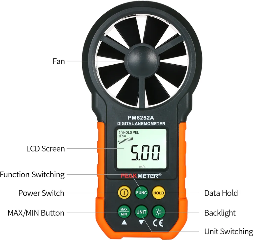 Anémomètre rétroéclairé LCD avec fonction débit d'air et mesure de vent