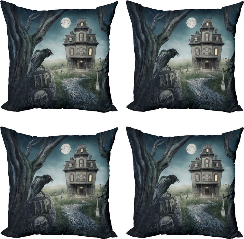 ABAKUHAUS Halloween Kissenbezug Set (4 Stück), Haunted House Crow Grab, Moderner Doppelseitiger Digitaldruck, 45 cm x 45 cm, Mehrfarbig