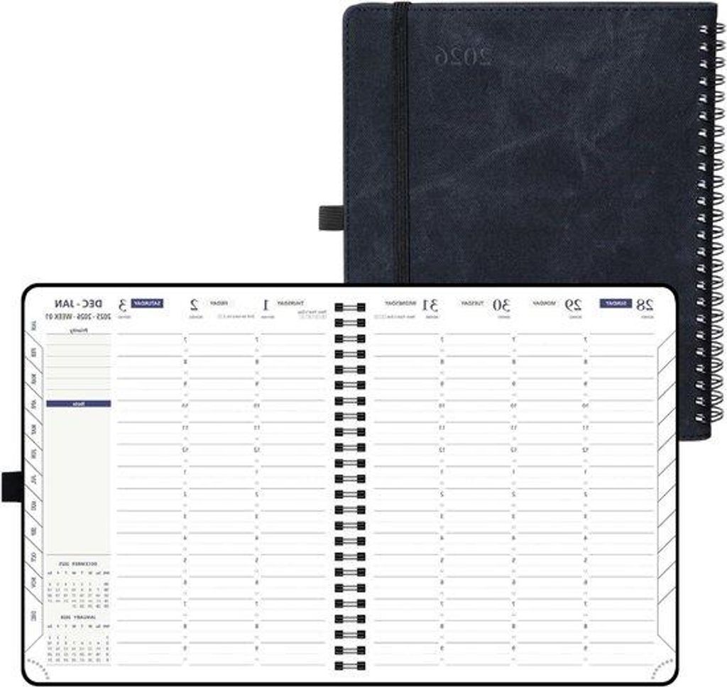 Tagesplaner 2026 - Organisatorisches Notizbuch - Termine und Pläne - Wochenkalender - 17.6x21.4cm - Schwarz