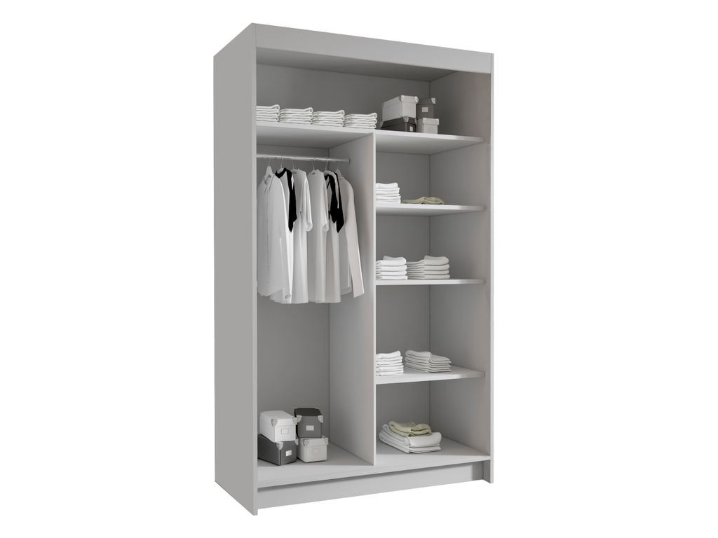 An open wardrobe with clothes hanging and folded items on shelves.