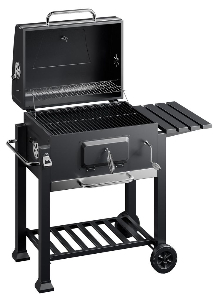 BBQ Holzkohle Grillwagen mit Deckel, Ablage und Produktbild 
