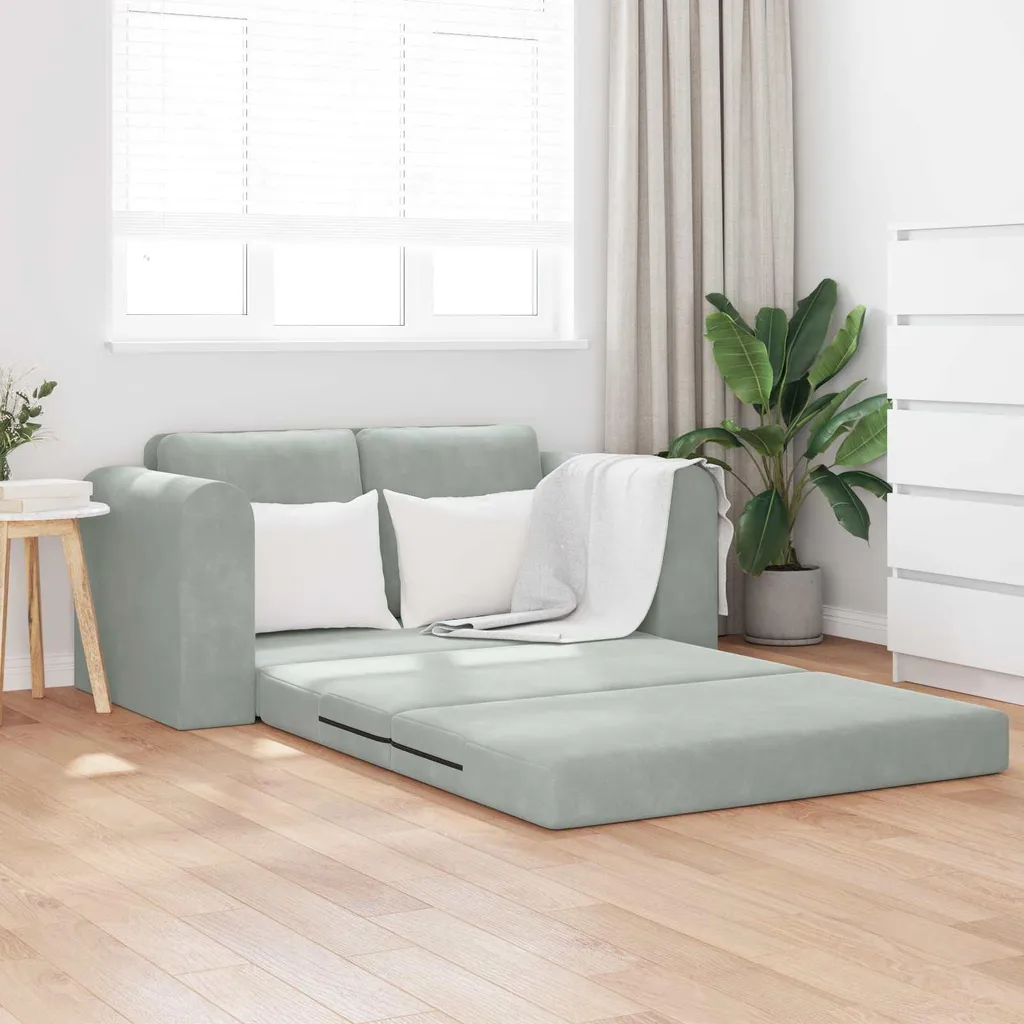 Petit canapé convertible gris clair en velours pour optimiser l'espace - 2
