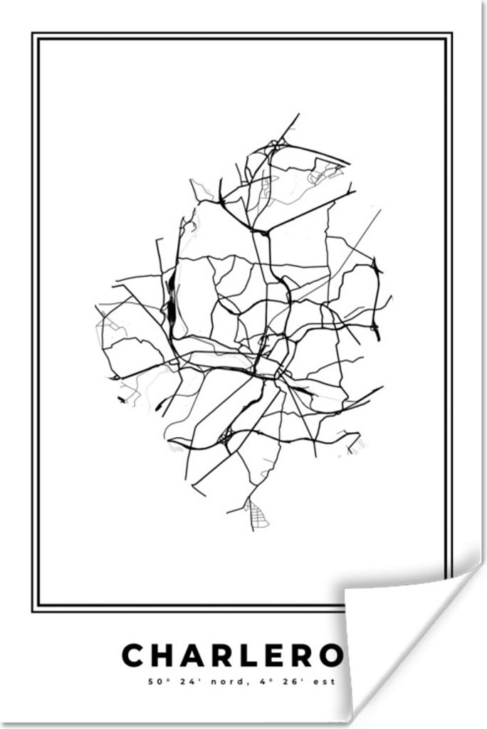 MuchoWow Poster Karte - Charleroi - Schwarz und weiß - Stadtplan - Belgien 60x90 cm - Wanddekoration