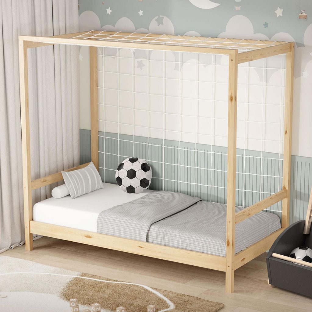 ML-Design Kinderbett Fußballtor 80x160 cm, Natur, Einzelbett für Kinder, Holzbett mit Lattenrost & Tornetz, Jugendbett aus Kiefernholz, Handballtor