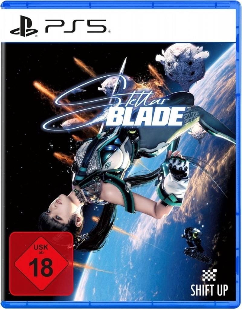 The image is a product shot of the Stellar Blade PS5 game case, featuring artwork of the main character in a dynamic pose against a backdrop of space and Earth. The game's title and platform logo are prominently displayed.