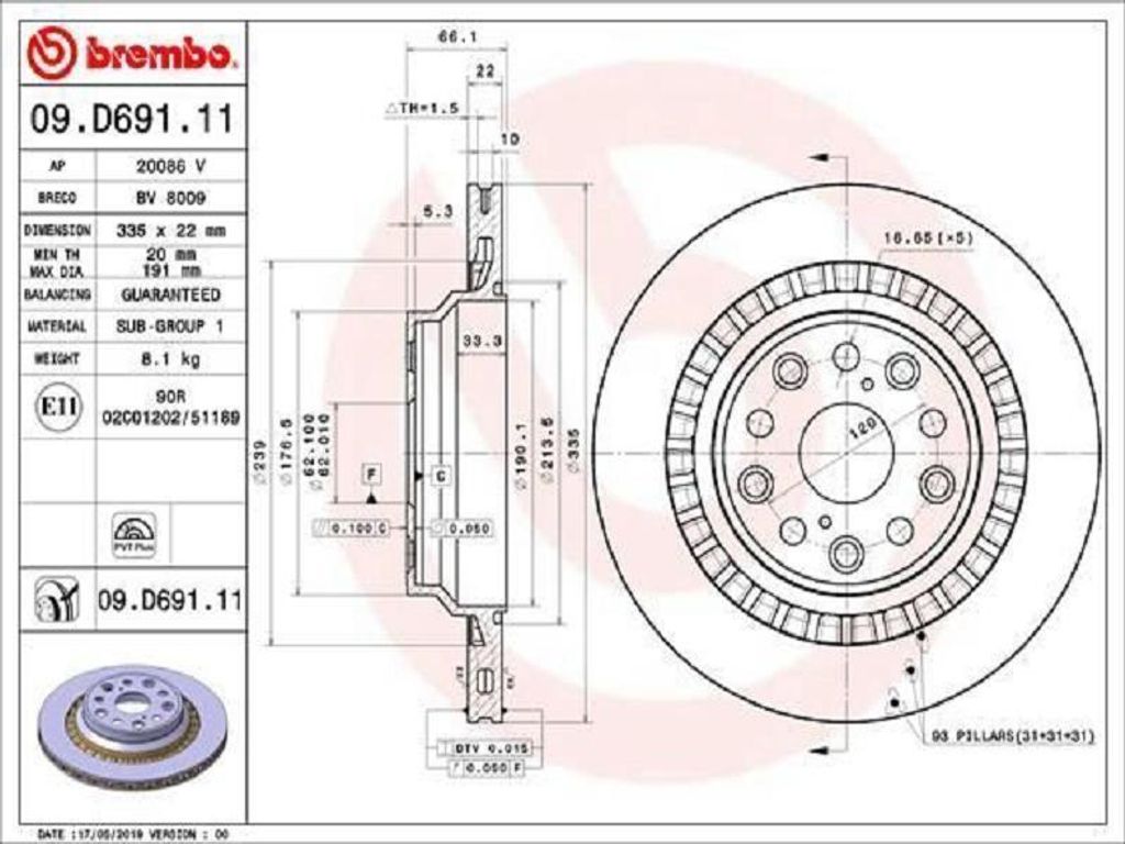 2x BREMBO 09.D691.11 Bremsscheibe Hinten Produktbild 