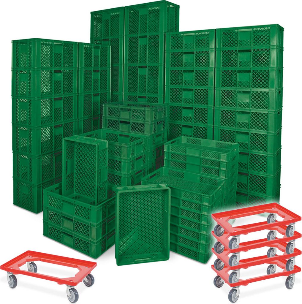 78 Stück Stapelkörbe/Bäckerkästen in 5 Größen, Grundmaß LxB 600 x 400 mm, H 90 mm, 150 mm, 240 mm, 320 mm, 410 mm, Farbe grün + 5x Transpor...