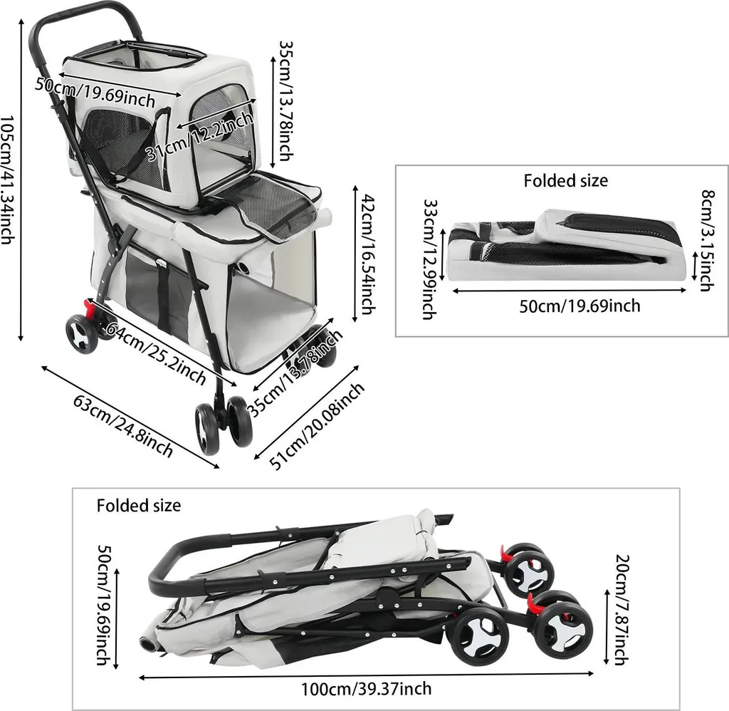 Poussette chiens et chats légère et pliable en acier et tissu Oxford