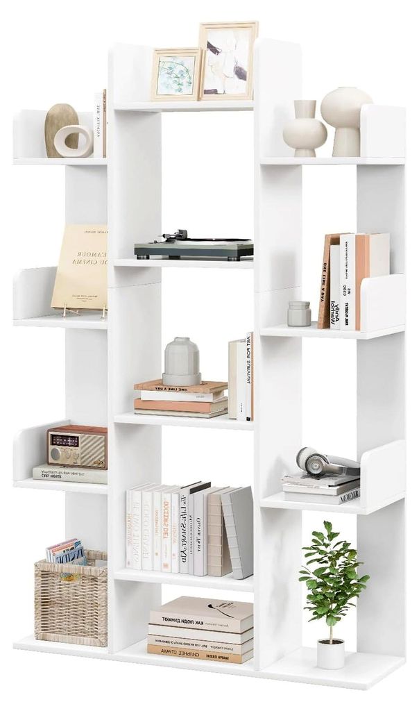 Bücherregal in Baumform mit 13 Ebenen, Aufbewahrungsregal aus Holz, Raumteiler für Wohnzimmer, Arbeitszimmer und Büro, 86 x 24,5 x 141 cm (Weiß)