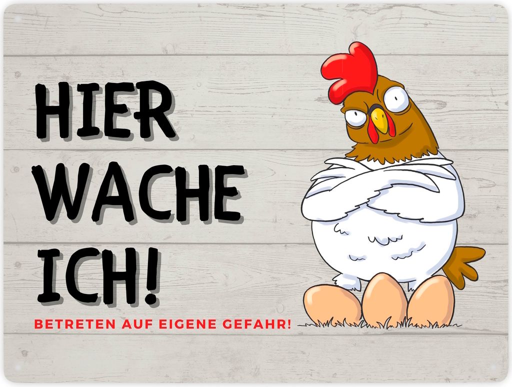 Huhn mit Eiern Metallschild XXL in 28x38 cm mit Spruch Hier wache ich! Betreten