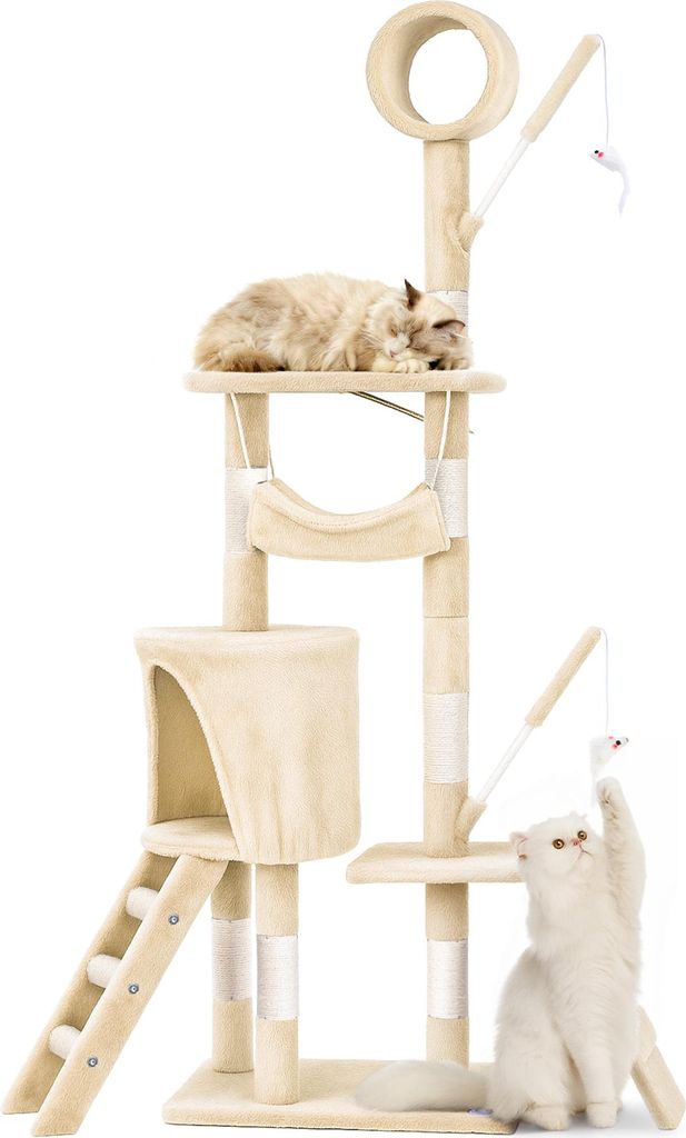 VOUNOT Kratzbaum 155cm, Mehrstöckiger Katzenbaum mit Kratzsäulen Höhle, Beige