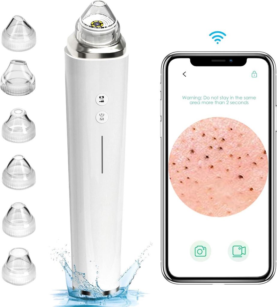 Mitesserentferner Porensauger, WiFi Visual Mitessergerät, mit HD-Kamera Akne-Extraktor-Set, mit 6 Saugköpfen Elektrisches Mitesser-Saugwerkzeug