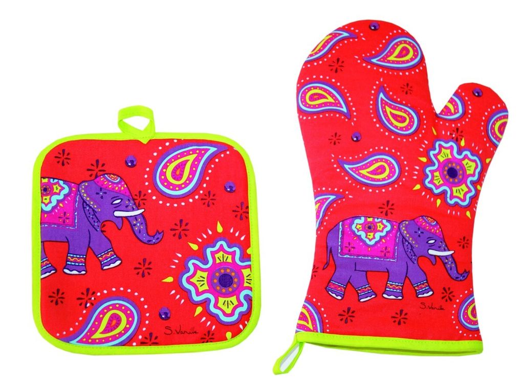 Topflappen und Ofenhandschuh Set - Kashmir Elefant rot Paisley