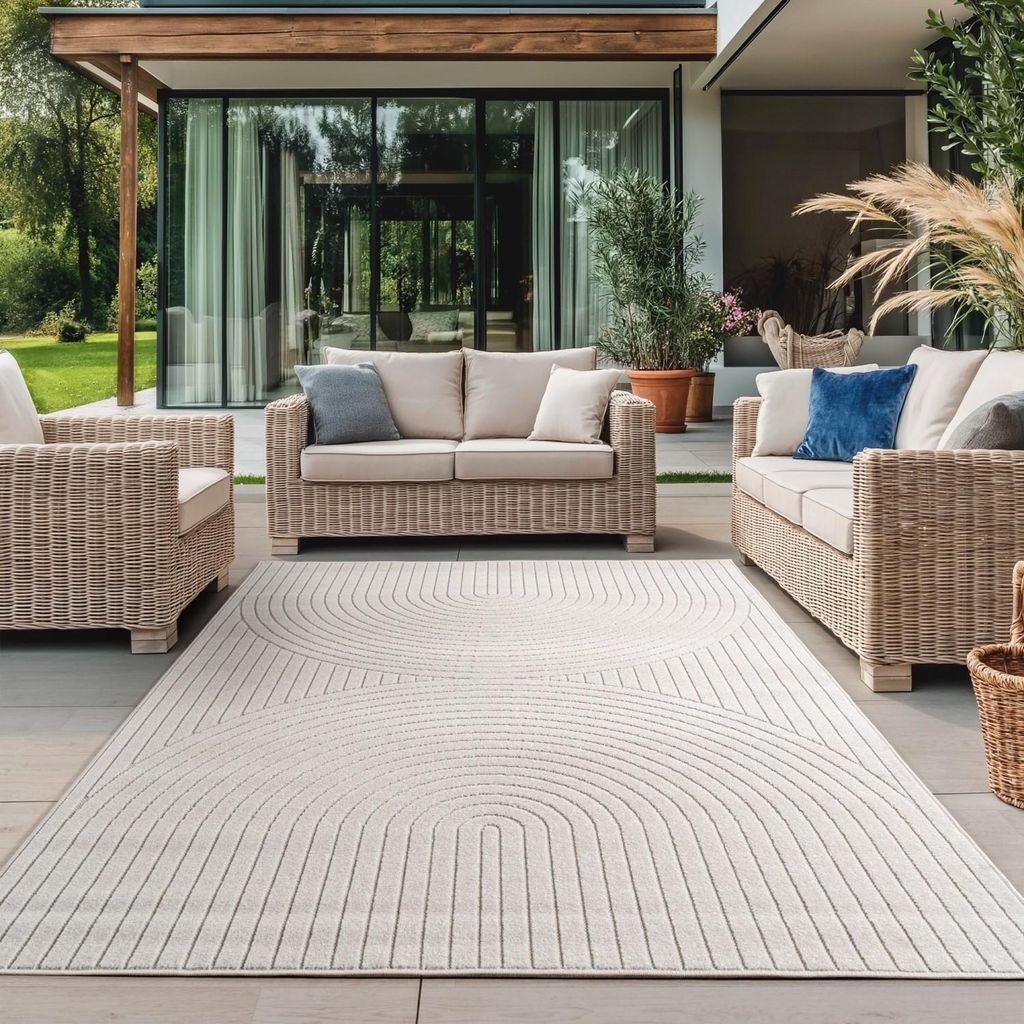 Teppich für drinnen und draußen, geeignet für Wohnzimmer, Schlafzimmer, Wintergarten, kurzer Flor in Creme, Hoch-Tief-Effekt, 140 x 200 cm