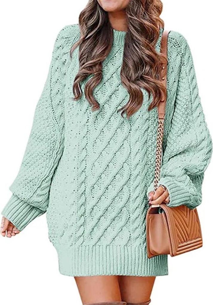 ASKSA Damen Pulloverkleid Rundhalsausschnitt Langarm Zopfmuster Rollkragen Chunky Pullover Kurze Pulloverkleider, Hellgruen, S