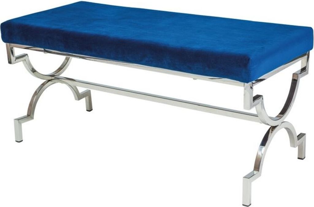 Casa Padrino Luxus Sitzbank Marineblau / Silber 99 x 43 x H. 46 cm - Gepolsterte Samt Bank mit verchromtem Edelstahl Gestell - Wohnzimmer Möbel